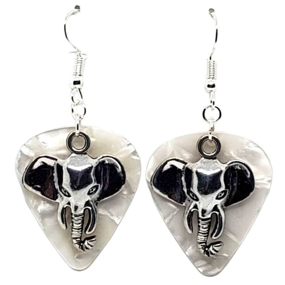 Lg Elephant Head Charm on Guitar Pick Earrings - Choose Color - Handmade in USA